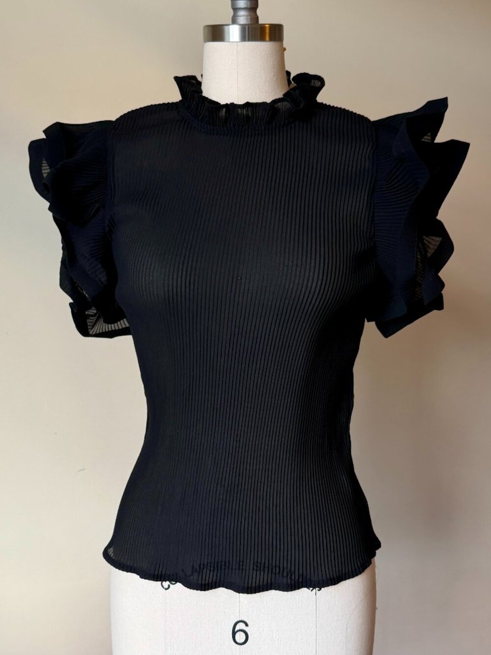 Black Sheer Pleated Top | Ruffle Sleeve Blouse | Keyhole Back | Going Out Top M